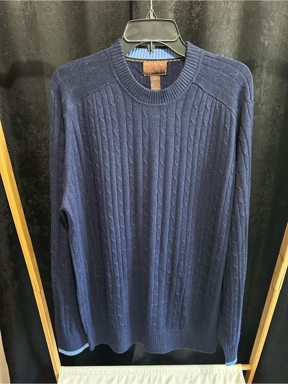 Born Navy Cable-Knit Crewneck Sweater with Light Blue Trim